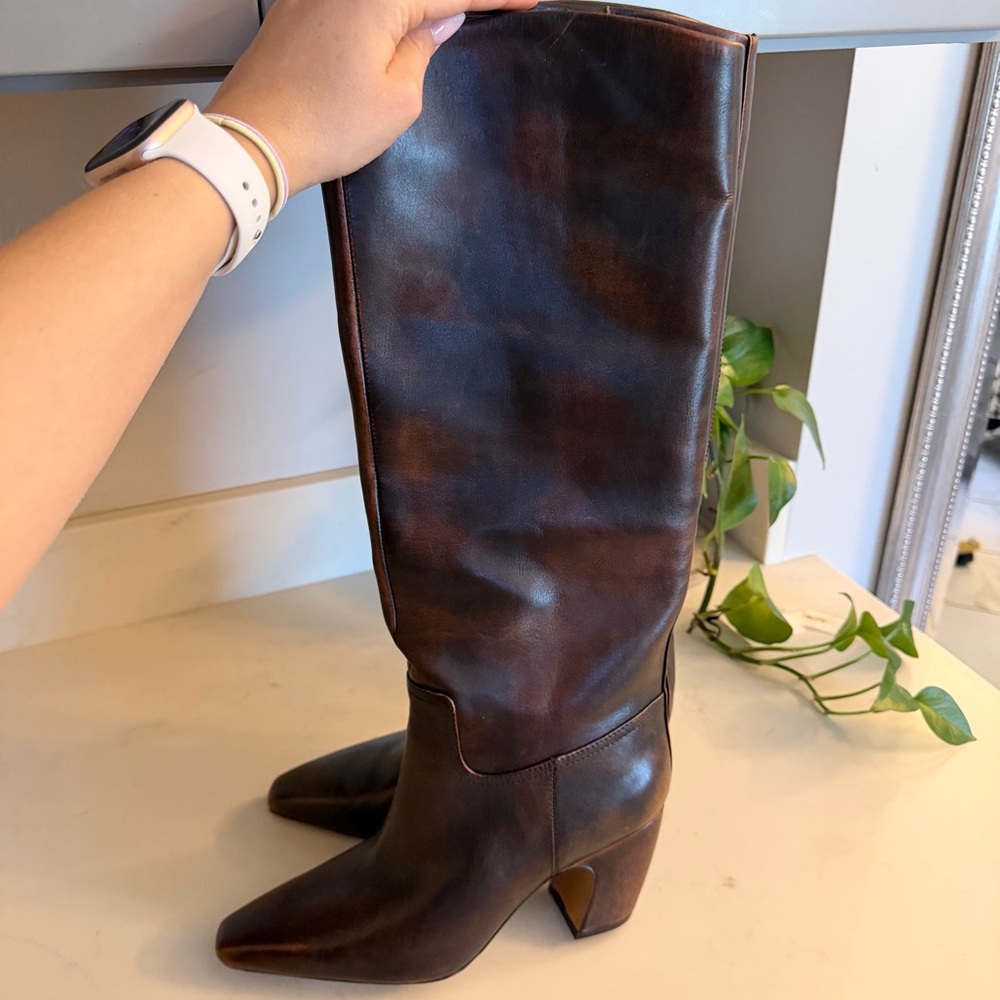Vince Camuto Dark Brown Leather Knee-High Heeled Boots - Picture 4 of 7